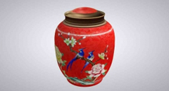 中国红粉彩扒花花鸟茶叶罐